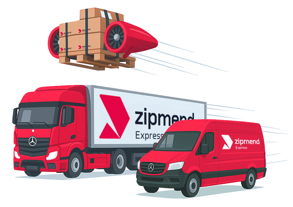 Trucks, vans and turbines that transport parcels from zipmend Express.