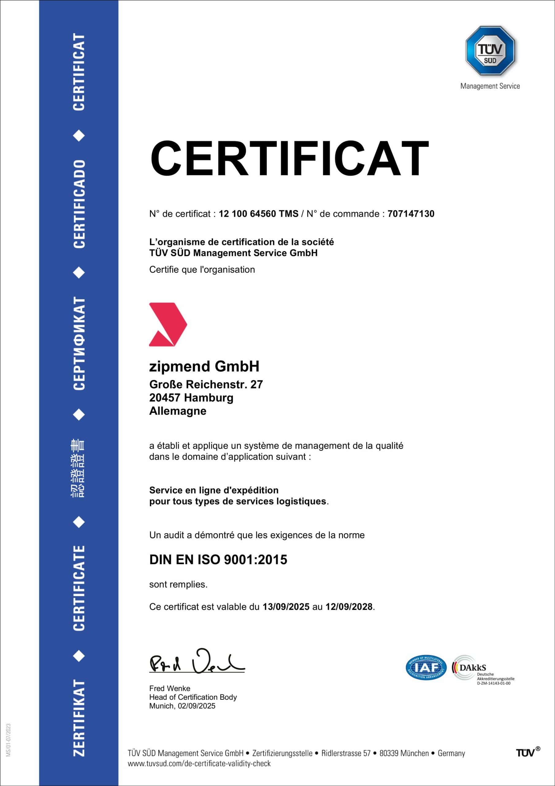 zipmend ISO 9001 Certificat 2025_Gestion de la qualité