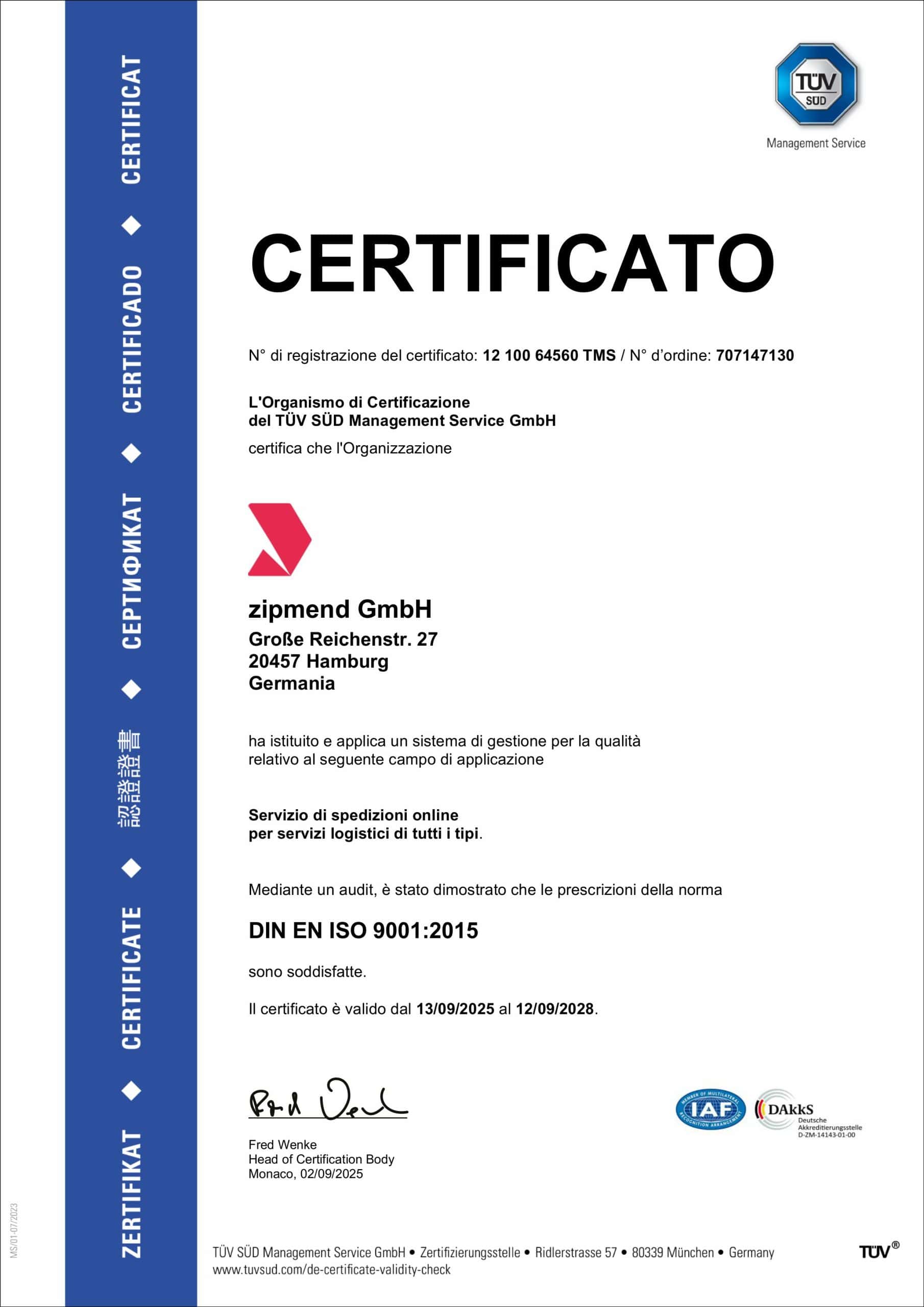 zipmend Certificato ISO 9001_Gestione della qualità