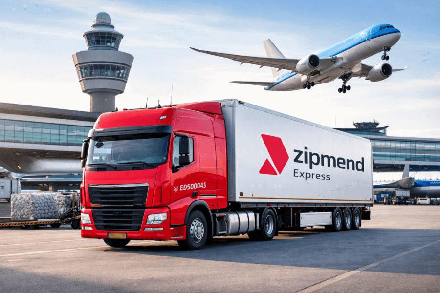 Vrachtwagen transporten vanaf of naar Amsterdam Schiphol Airport met zipmend voor aansluitend wegtransport voor luchtvracht